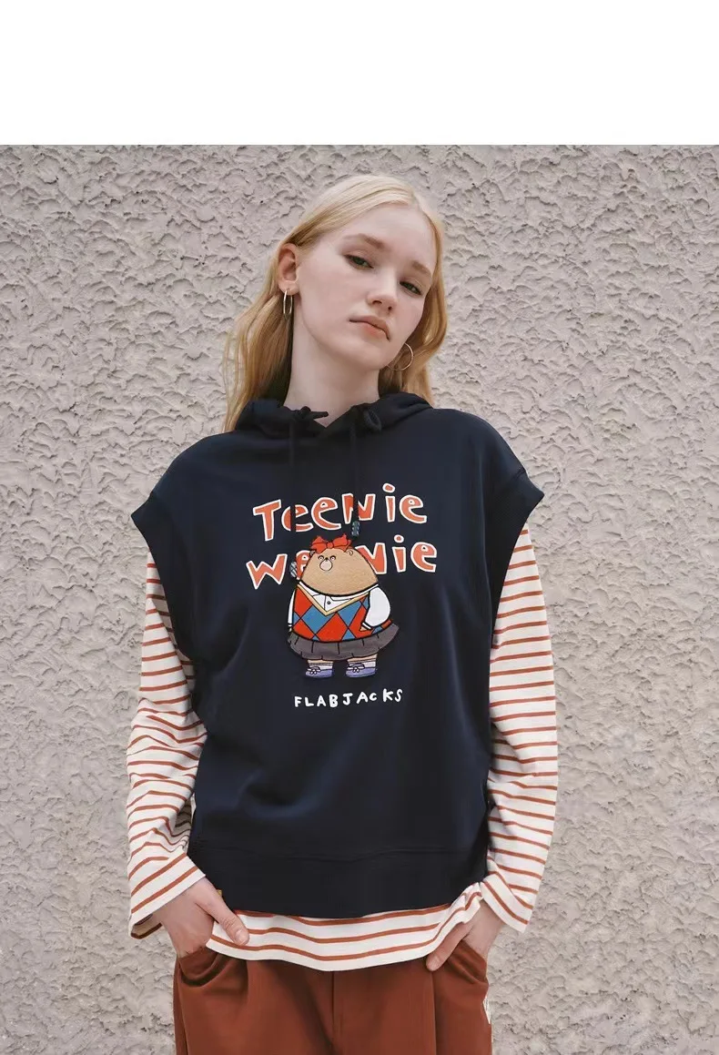 

Women's Anime Tees, Cartoon Print Hooded Sweatshirt, Casual Loose Cotton Fabric Tops, Sleeveless Clothing, Autumn