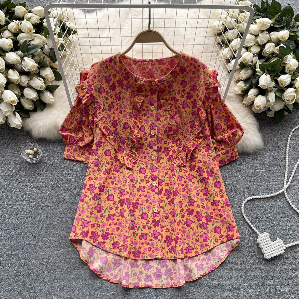 

Japanese Baby Neck Bubble Sleeve Fragmented Chiffon Shirt Girls Loose Versatile Top