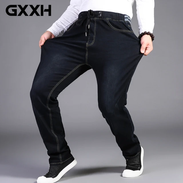 Men Extra Large Size 32-50 Stretch Waist High Elastic Jeans Designer  Drawstring Straight Denim Pants