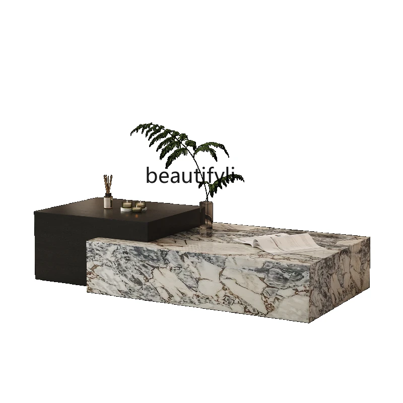 

French Marble Tea Table Light Luxury Italian Minimalist Retractable Solid Wood Tea Table with Drawer