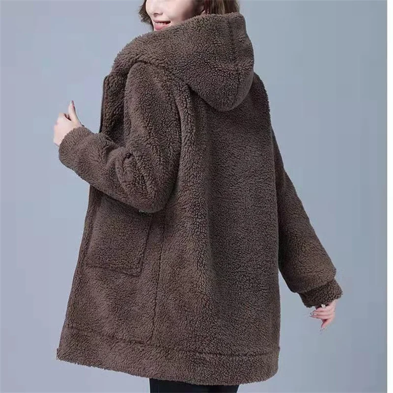 

Fat mm Loose Medium Length Warm Coat Autumn Winter New 350 kg Casual Imitation Lamb Fleece Hooded Sweater Women Korean Cardigan