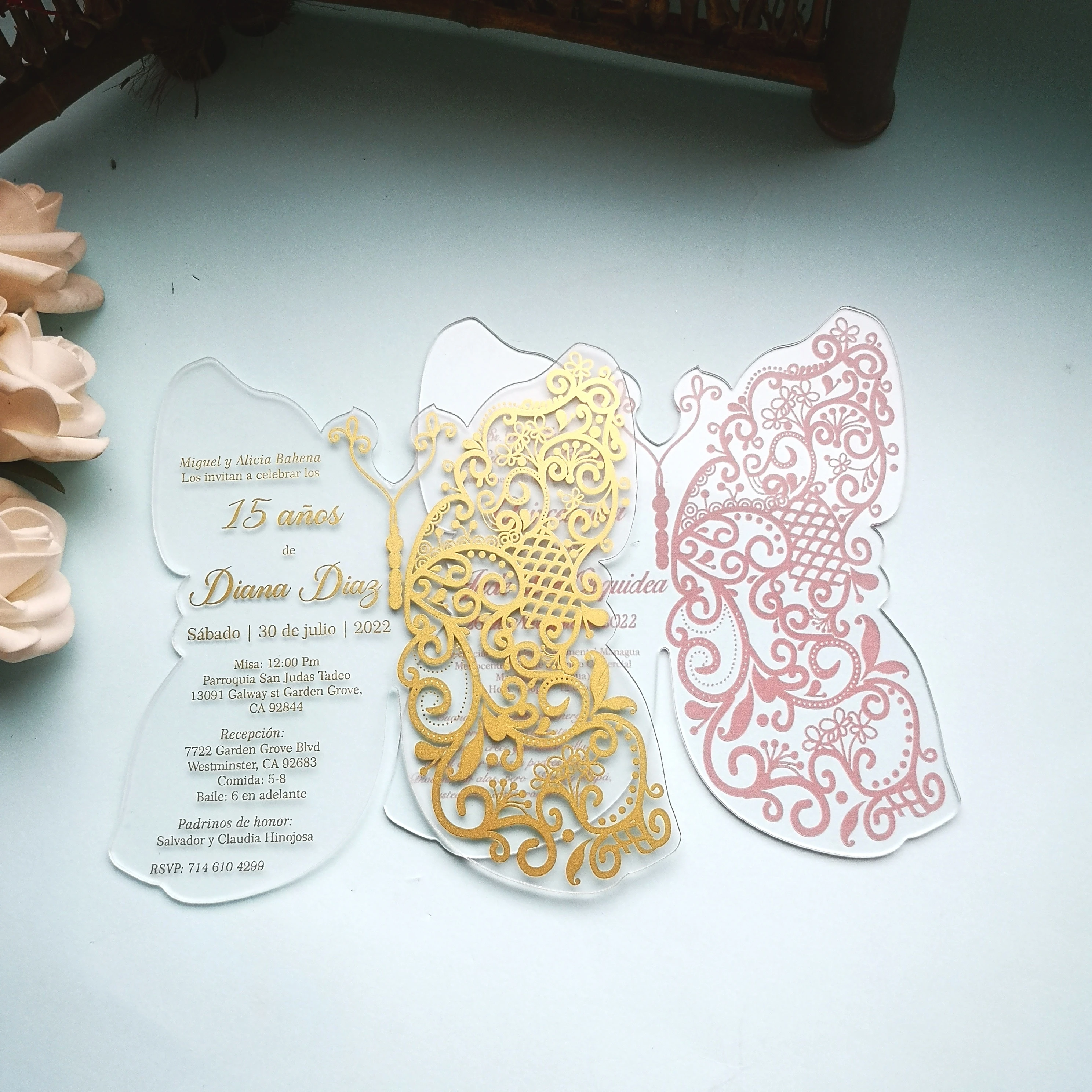 Tarjeta de invitación de boda con forma de mariposa acrílica, cortada con  láser, impresión blanca, todo con sobre, rosa, rosa, nuevo diseño -  AliExpress, image size:2976x2976