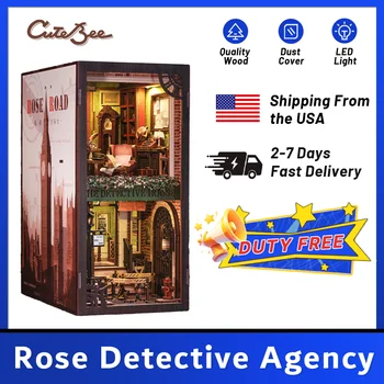 CUTEBEE Book Nook Miniature Doll House Kit Bookshelf Insert With Touch Light Dust Cover DIY Booknook Gifts Rose Detective Agency 1