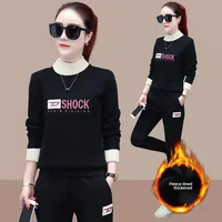Ensemble de vêtements de sport décontractés en polaire épaisse pour femmes, taille plus, chaud pour l'hiver, amincissant, deux pièces, sweat-shirt et pantalon tendance 2