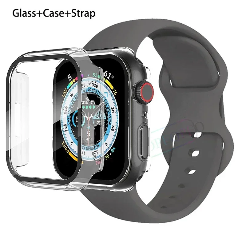 Premium Silicone Apple Watch Band with Glass Case and Strap - Compatible with All Series