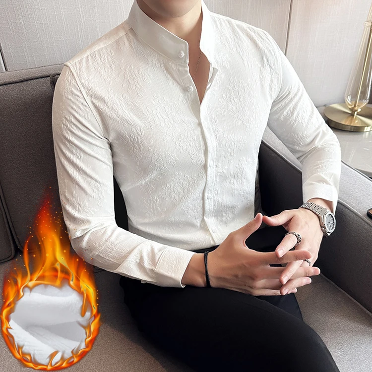 남성용 고급 중국 스타일 긴팔 루즈 패션 셔츠, 단색 셔츠 플러스 플리스 스탠드 칼라 슬림 캐주얼 셔츠, 신제품