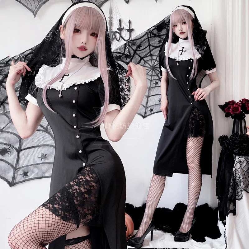 

Sexy Nun Cosplay Easter Dress Temptation Cross Gothic Vestidos Slim Sheath Nightclub Large Size Halloween Costumes for Women Y2k