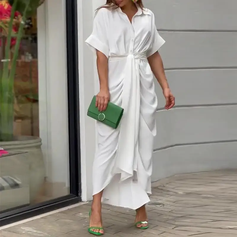 2025 Spring Summer New Women's Elegant Solid Color Wrinkled Lace-up Midi Dresses Female Fashion Print Button Lapel Shirt Dress 2