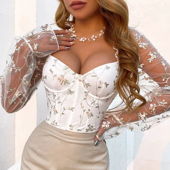 Vemina Hollowing Mesh Puff Sleeve Fishbone Skinny Crop Top Women,Sexy Embroidery Floral Vneck Slim Backless Bandage Blouses 1
