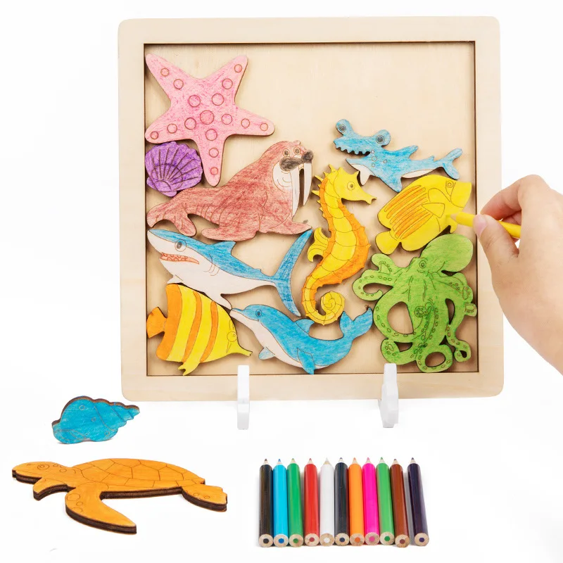 

Baby Montessori Toys 3d Wooden Puzzle For Kids Coloring Toys Animals Jigsaw Puzzle Board Game Educational Wooden Stacking Blocks