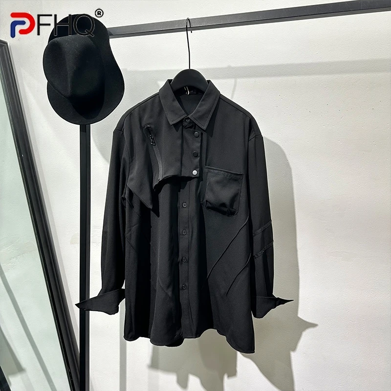 

PFHQ Men's Irregular Splicing Shirts Long Sleeved Safari Style Zippers Single Breasted Chic Turn-down Collar Tops Summer 21Z4394