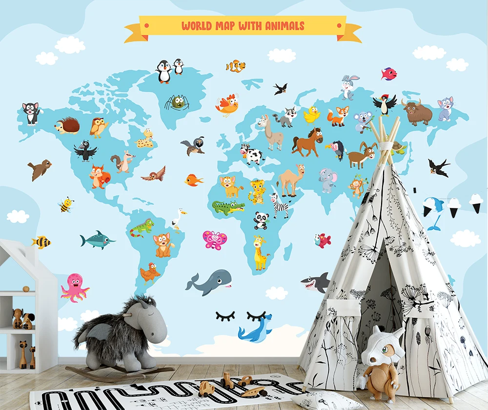 

World Map with Animals for Kids Large Living Room Wall Decor Wall Sticker Wall Decals for Bedroom Kids Room Removable Sticker