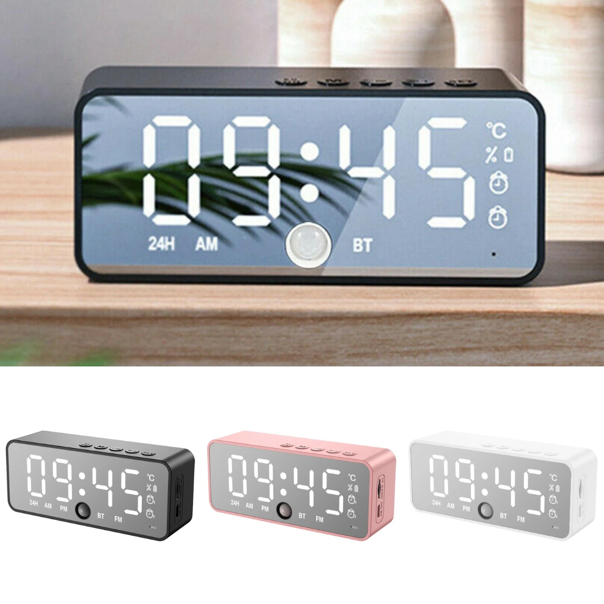 LEDMirrorDigitalAlarmClockWirelessBluetoothSpeakerMP3FMRadio