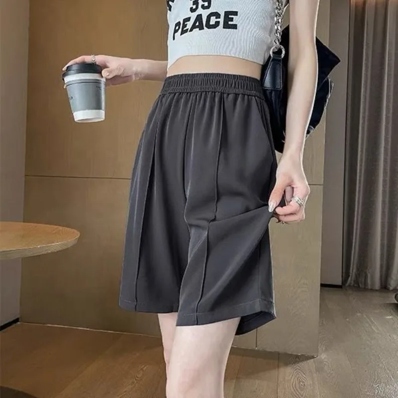 Summer Women's Clothing Solid Color Elastic High Waist Pockets Casual Trouser Suits Straight Cargo Chiffon Capri Pants Shorts