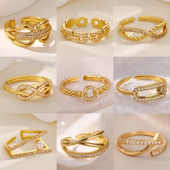 Zircon Chain Cross Rings For Women Vintage Gold Color Stainless Steel Geometric Open Ring Fashion Wedding Aesthetic Jewelry Gift 1
