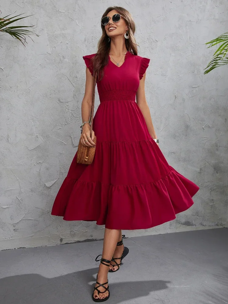 

2024 Flying Sleeve Women Dress A-line V-Neck Cake Skirt Summer Trendy Elastic Waist Pleated Splicing Design Female Long Dresses