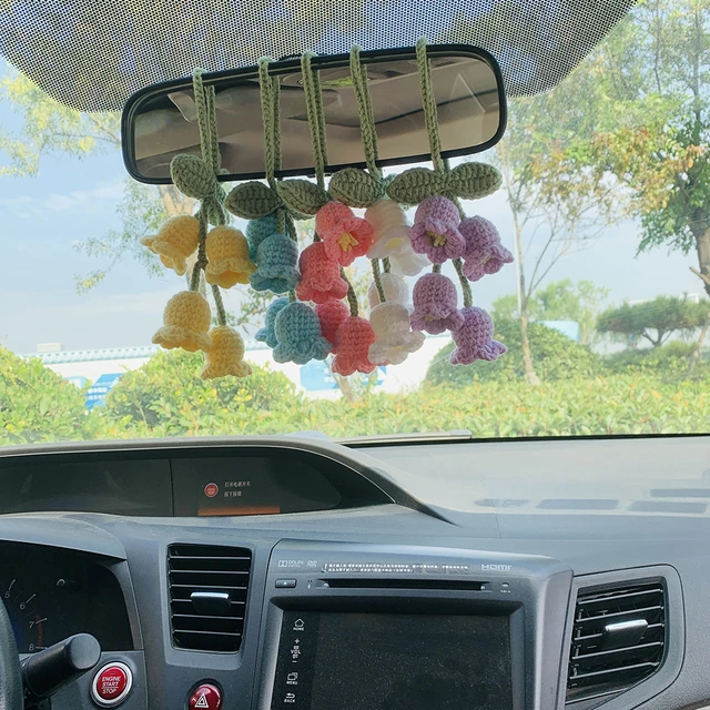 Cute Car Mirror Hanging Lily of the valley Flower Interior Rear View Mirror  Flower Car Accessories Crochet Kawaii Toy Gift - AliExpress