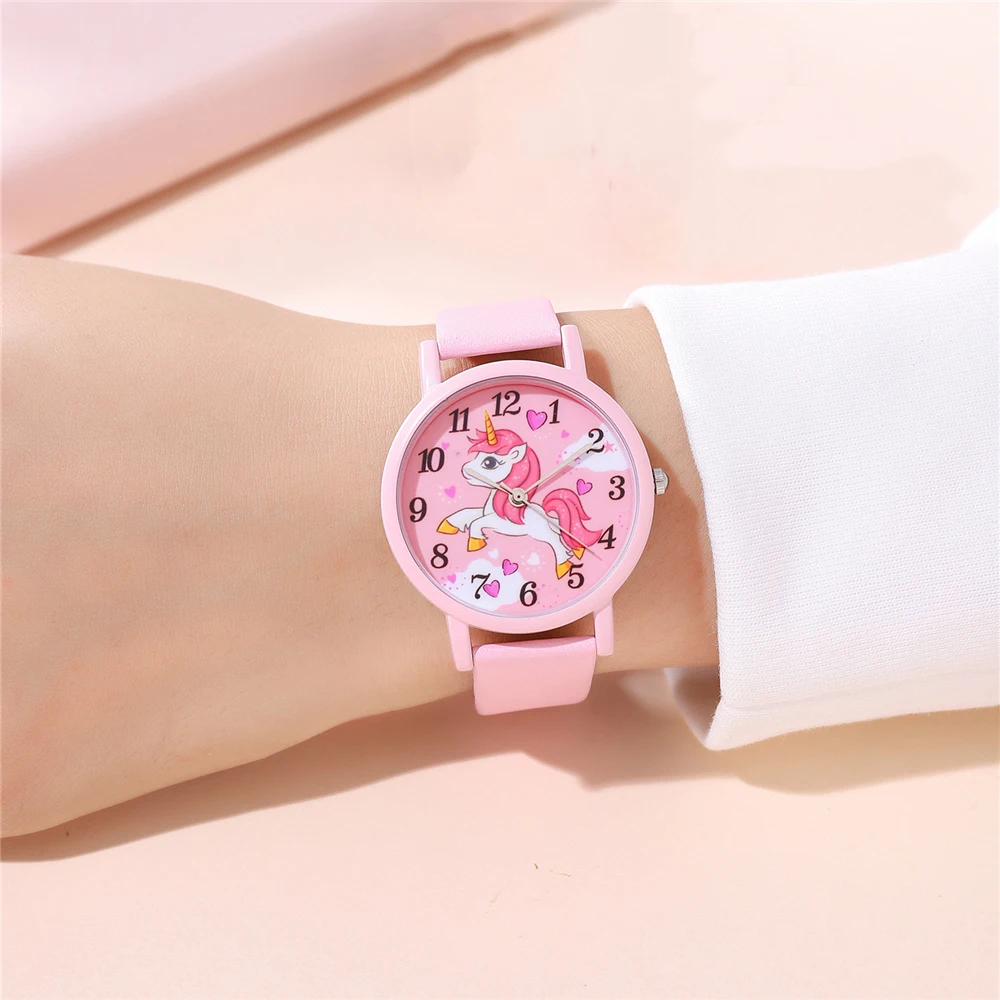cute pink pu leather band unicorn Children's cartoon watch 3