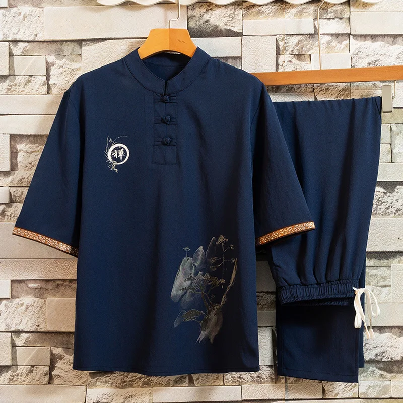 

Комплект одежды для мужчин в традиционном китайском стиле ретро, футболка с коротким рукавом и V-образным вырезом, однотонный Восточный Костюм кунг-фу Тан, 2 шт., на лето