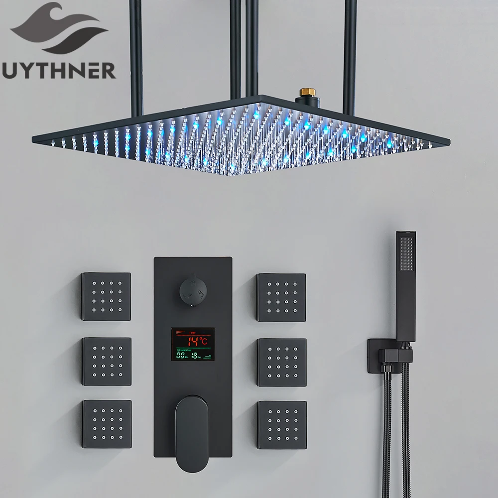Black Rainfall Shower Set Bathroom Digital Display Shower Faucet 20 inch Ceiling LED Shower Head Rotating SPA Massage Jets