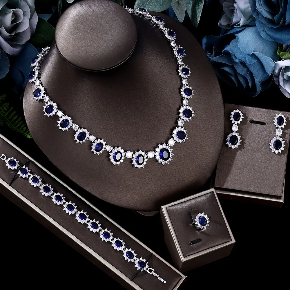 

Luxury Green Blue Cubic Zirconia Wedding Bridal Jewelry 4pcs Necklace Earrings Ring Bracelet Jewelry Set for Brides