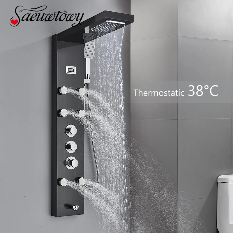 Description Picture 2 of itemThermostatic Bathroom Luxury Rain Waterfall Head Shower Panel Display Screen Massage Jets Waterfall Bath Tub Spout Shower Column
