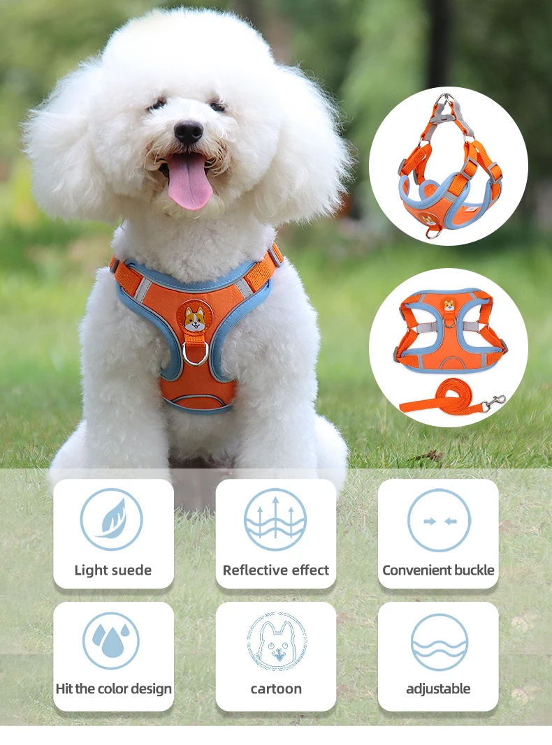 Hundegeschirr und Leinen-Set für Katzen, reflektierend, aus Wildlederimitat, für Welpen, Outdoor, ausbruchsicher, für Yorkies, weiche Weste, zum Spazierengehen, für kleine Hunde – Detail 1