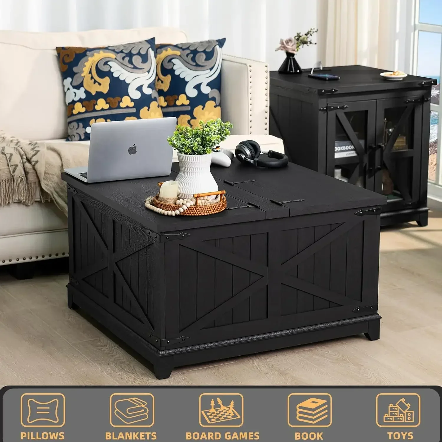Farmhouse Coffee Table with Hidden Storage Organizer, Black Square Large Center TableHinged Lift Top for Home, Office 6