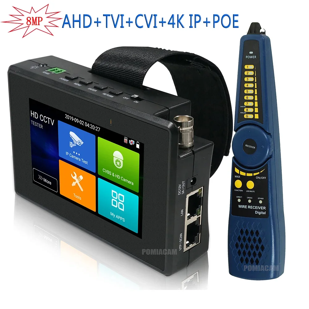 

5-в-1 тестер наружной камеры 4k Cctv Ip-тестер Cvbs 8mp TVI CVI AHD для видеонаблюдения, семейный монитор камеры с кабелем, трассировщик питания POE