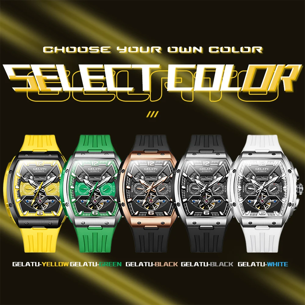 GELATU 6013 Watch For Men Original Fashion Big Dial Hollow Automatic Wristwatch Silicone Strap Deep Waterproof Mechanical Watch