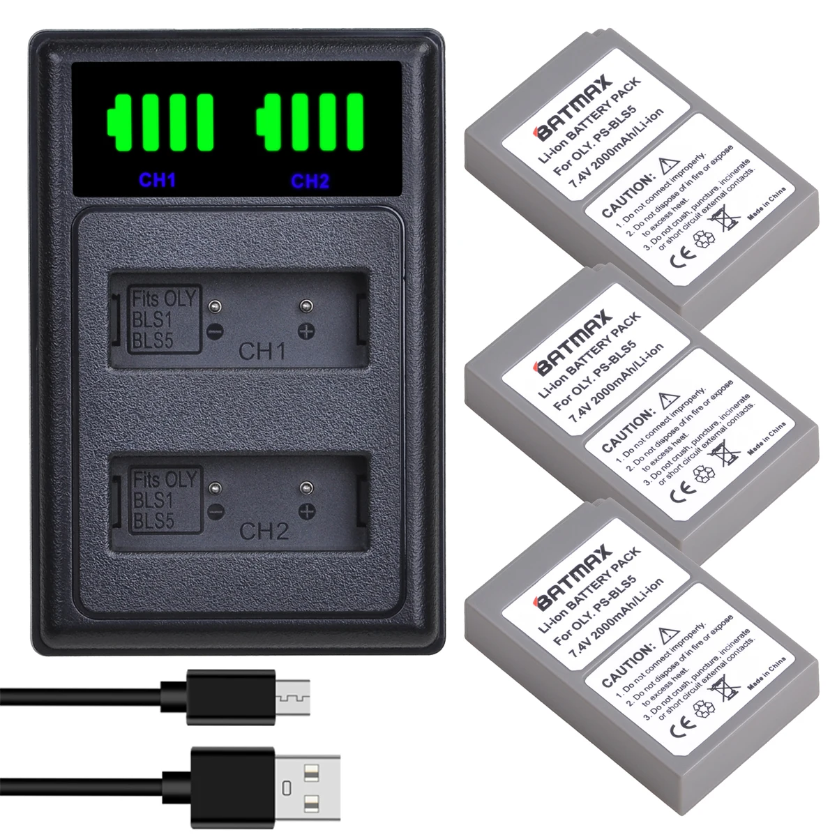 Batmax 2000Mah Ps-Bls5 Bls-5 Bls50 Batteria + Led Doppio Caricatore Per Olympus Pen E-Pl2,E-Pl5,E-Pl6,E-Pl10,E-Pm2,Om-D E-M10,E-M10 Ii