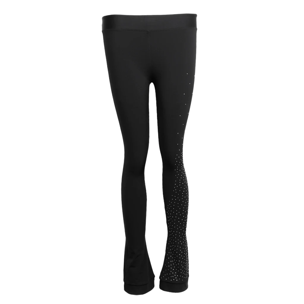 Womens Girls Ice Figure Skating Practice Long Pants Skate Footless Tights Leggings Black with Crystal