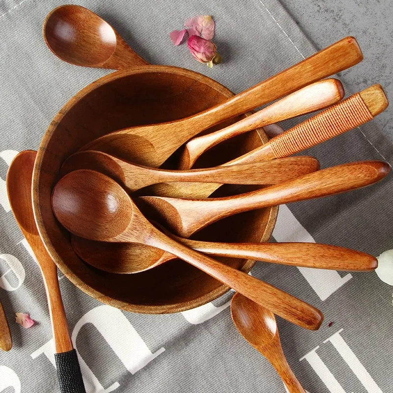 Japanese Style Wooden Spoon Set Kitchen Gadgets Long Handle Solid Wooden Spoon Kitchen Accessories Dessert Honey Tableware