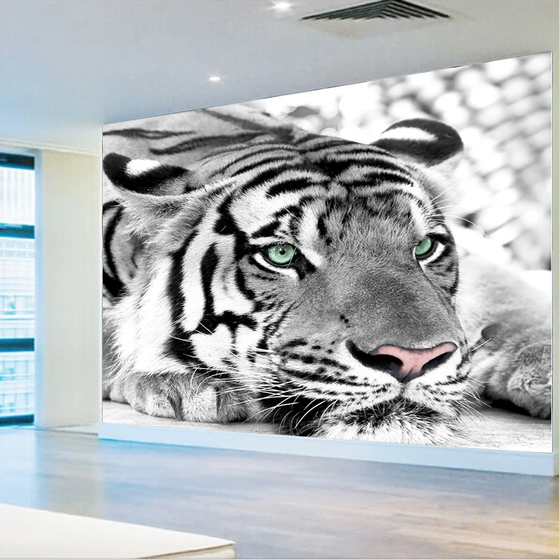 Papel de parede 3D personalizado com animais de tigre preto e branco para  sala de estar, sofá, TV, pano de fundo, sala de entrada, 300210 cm