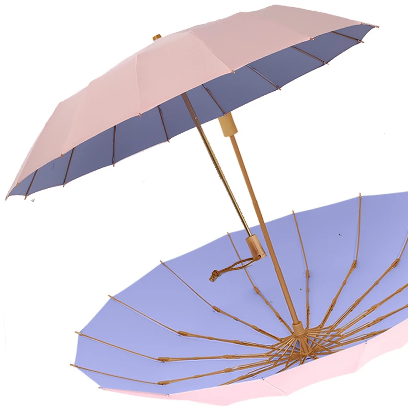 

Wind Resistant Umbrella Wooden Handle Sun Fold Umbrellas Rain Women Parasol Anti UV Female 16K Windproof Color Travel Umbrellas