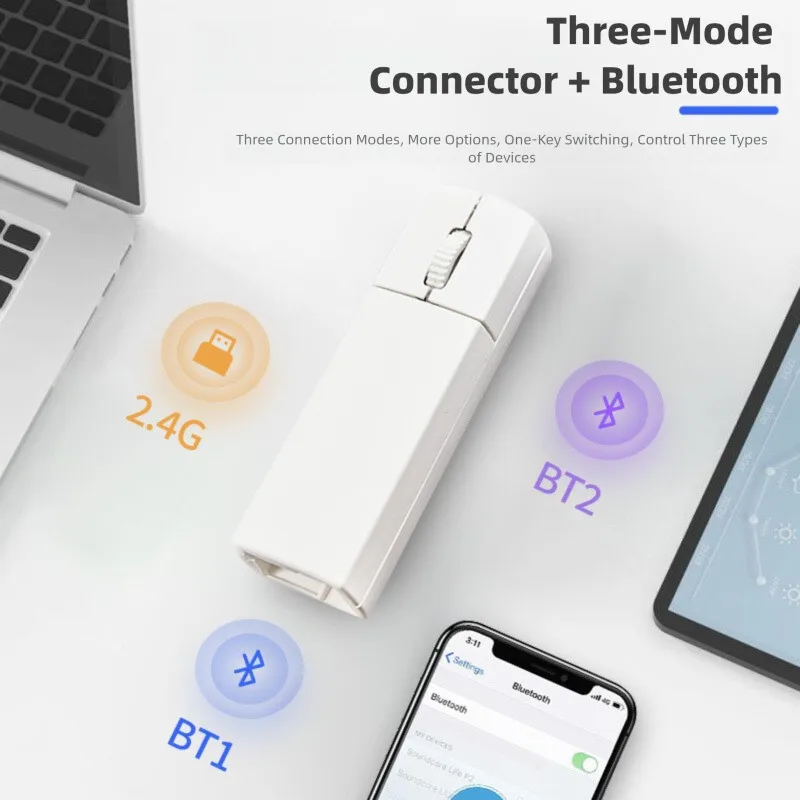 휴대용 충전식 2.4G+블루투스 무선 트라이 모드 미니 마우스 노트북 데스크탑 태블릿 폰용 무소음 컴퓨터 마우스