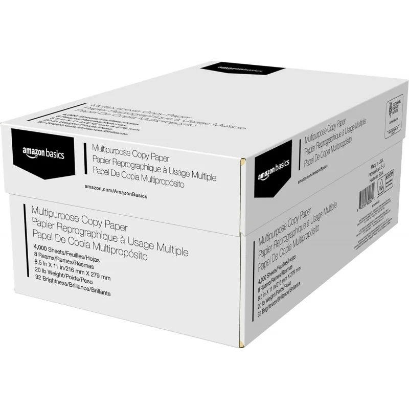 Basics Multipurpose Copy Printer Paper, 8.5" x 11", 20 lb, 8 Reams, 4000 Sheets, 92, White
