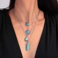 4Pcs/Set Bohemia Turquoise Stone Sun Pendant Necklace for Women Girls Party Festival Jewelry Gifts