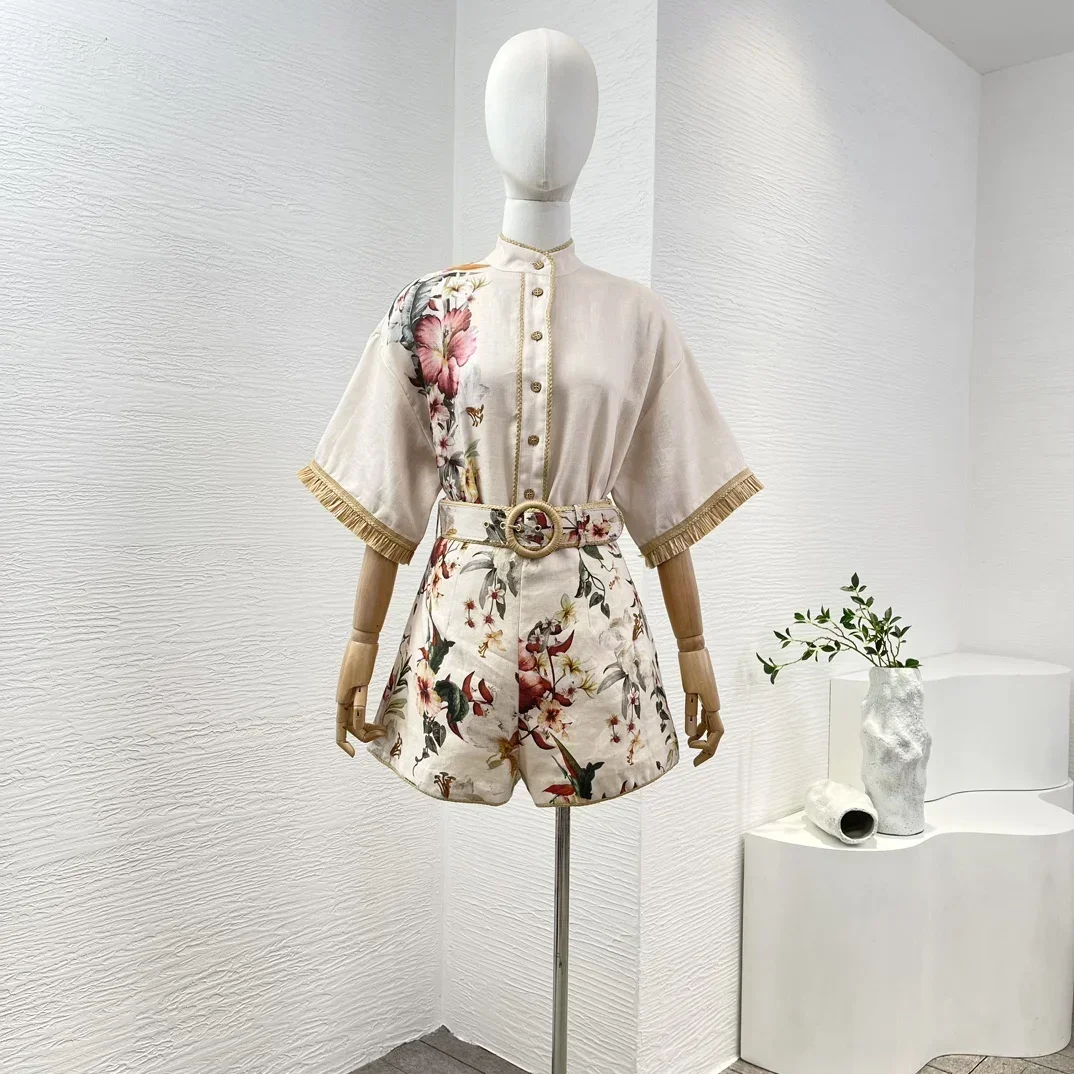 

2024 New High Quality Women Vintage Half Sleeve Raffia Loose Blouse Tops and Belted Shorts Set