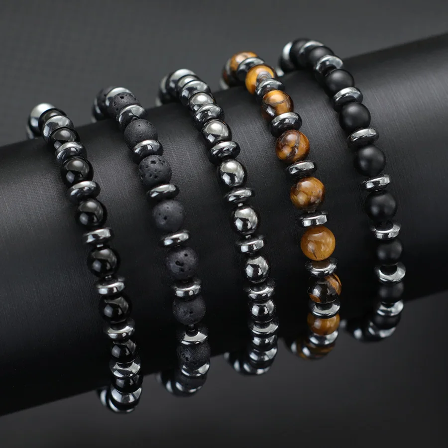 Natural Stone Tiger Eyes Lava Hematite Men Bracelet