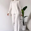 Two Pieces Women Pant Sets Solid Turtleneck Tops Pullover Wide Leg Ankle Length Pants Matching Sets Pockets Sports Casual 1