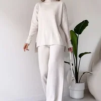 Two Pieces Women Pant Sets Solid Turtleneck Tops Pullover Wide Leg Ankle Length Pants Matching Sets Pockets Sports Casual 1