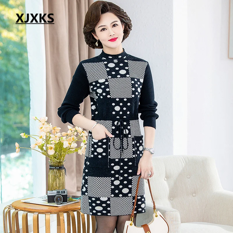 

XJXKS Women's Turtleneck Dress 2022 Autumn And Winter Latest Warm Wool Knitted Long Vestido Fashion Polka Dots