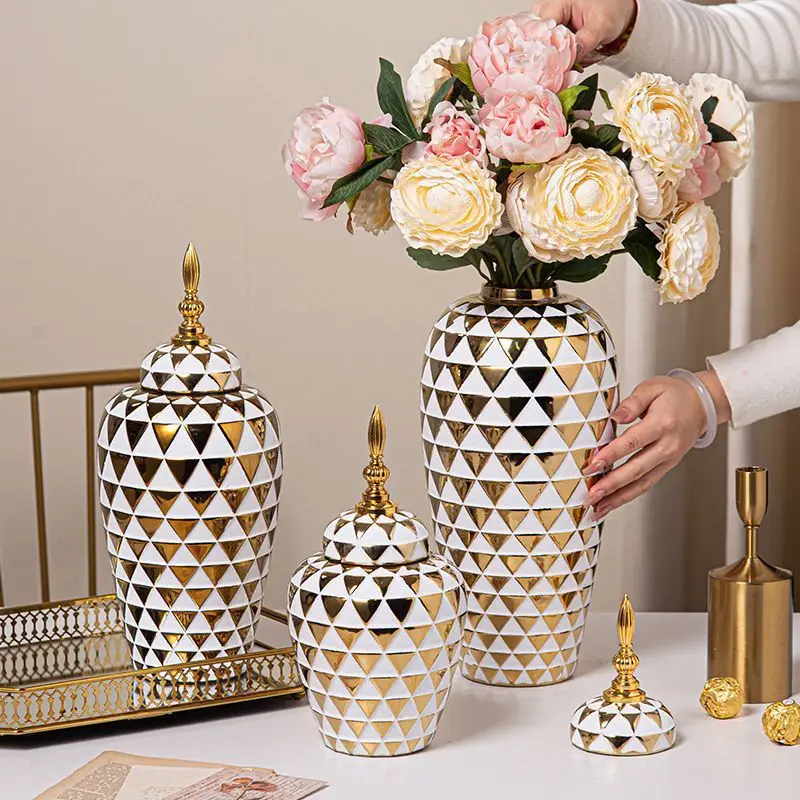 Ceramic Vase Geometric Rhombic Jar Ceramic Ginger Jar Storage Tank with Lid Porcelain Handicraft Home Decoration Accessories 3