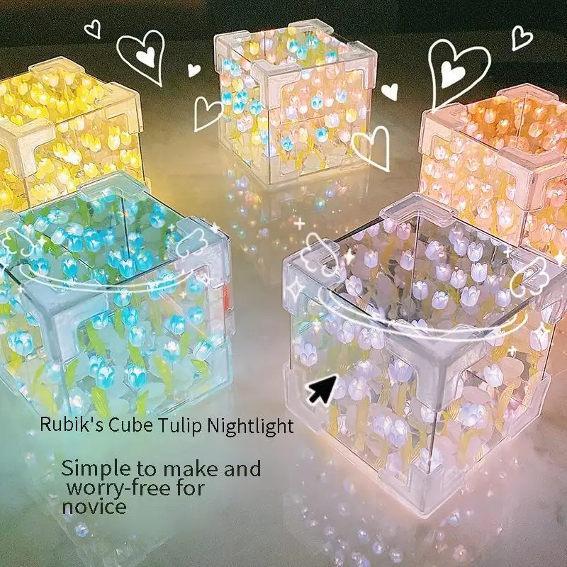 Flower Night Light Material Package 1pcs Handmade DIY Flower Cube Tulip Stereo For Girlfriend Couple Birthday Gift