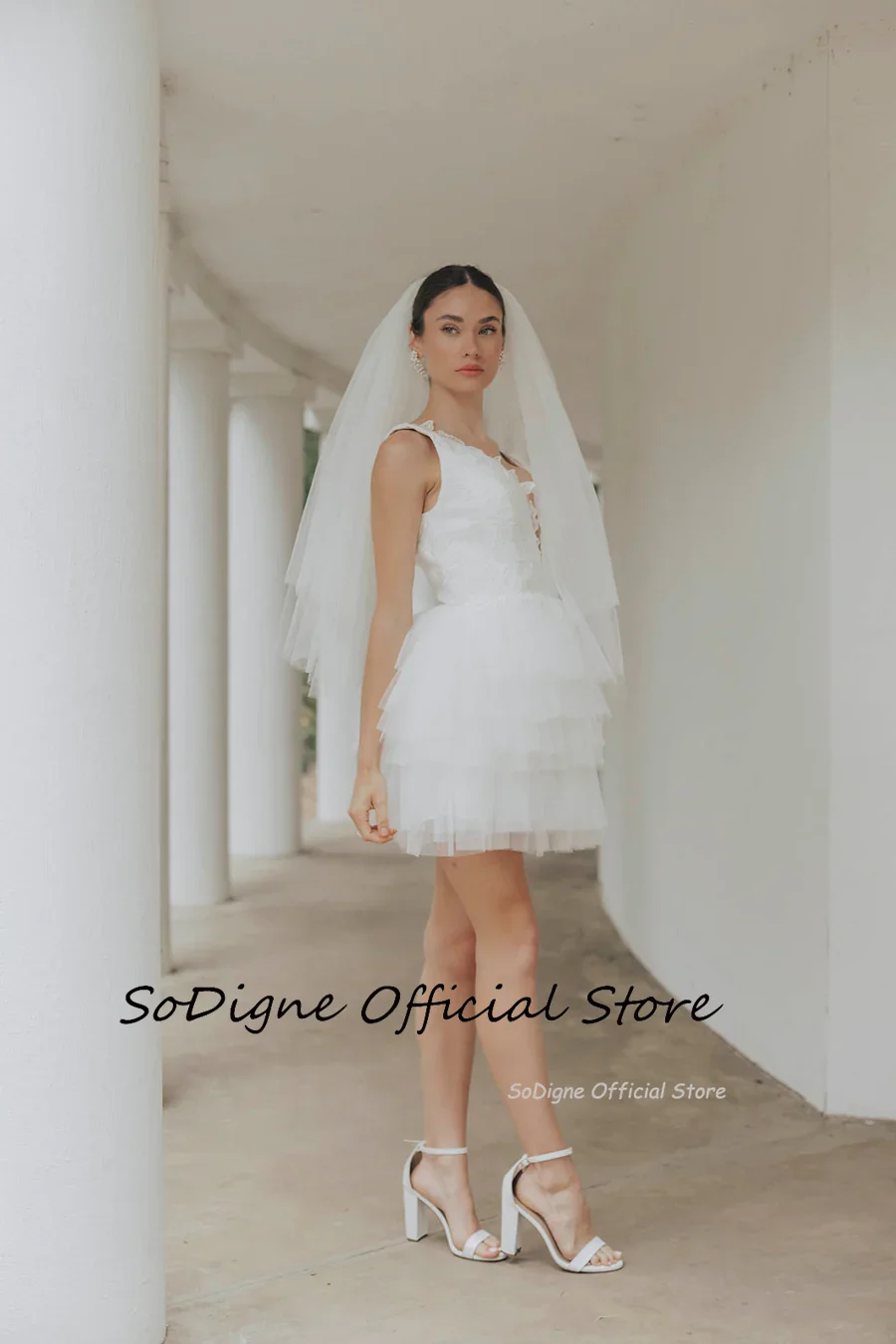 SoDigne Short Tulle Wedding Dresses V-neck Sleeveless Appliques Tiered Bridal Dress 2025 Mini A-line Customized Bride Gown 15 Sad760a68c7f74bac8f5dd9ce1e82319c1