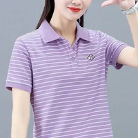 Yellow Striped Short Sleeve Tee T-shirt Woman Black White Polo Neck Shirts for Women Clothing Tops High Quality Polyester Trend - Image 5