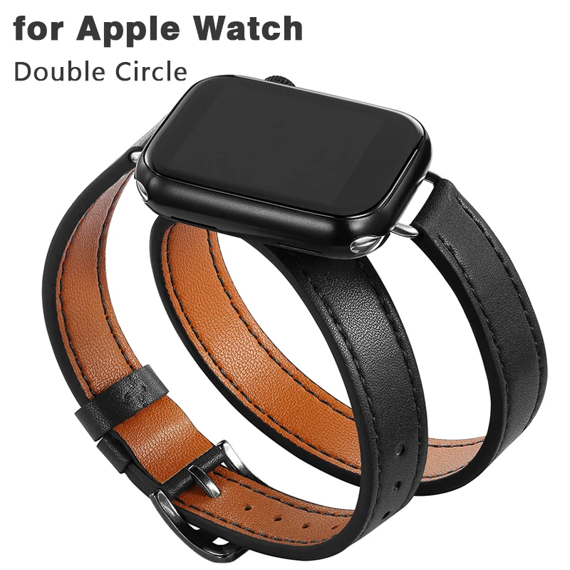 Double tour strap for Apple Watch Band 44mm 45mm 40mm-41mm Luxury Genuine  Leather Bracelet iWatch series 8 7 SE 6 5 4 Ultra 49mm