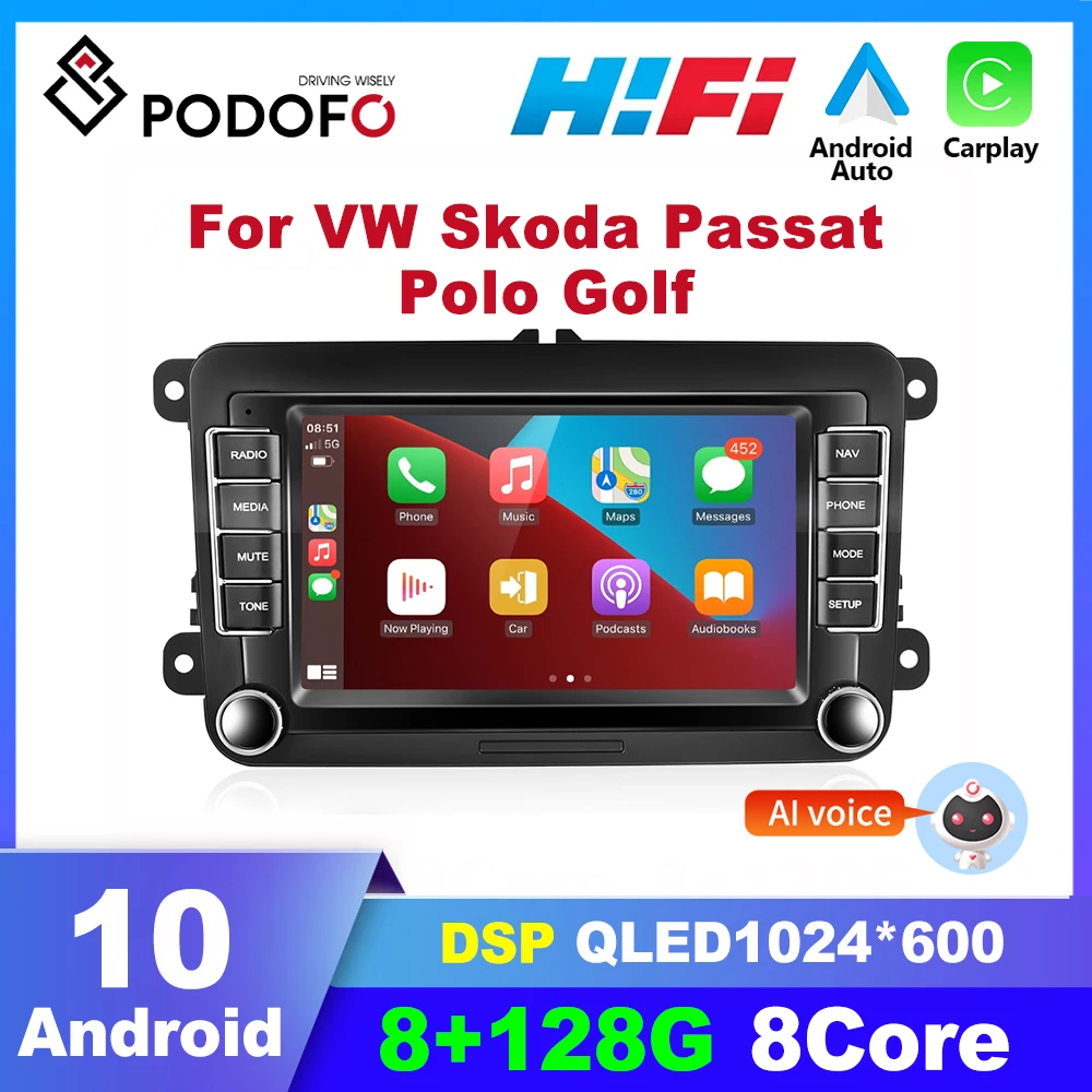 podofo Android Autoradio GPS pour VW Passat Golf Skoda Touran 7'' Écran  Tactile Audio de Voiture Bluetooth WiFi FM Lien Miroir Auto Navi + Caméra  de