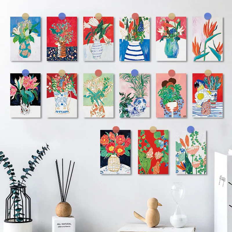 Ins Hand Painted Flowers Colorful Postcard Artistic aesthetic Decoratiove Card Home Decor Wall Stickers Photo Props 15 Sheets ins simple modern oil painting decoratiove card 9 sheets colorful photo props bedroom diy wall sticker square postcard bookmarks